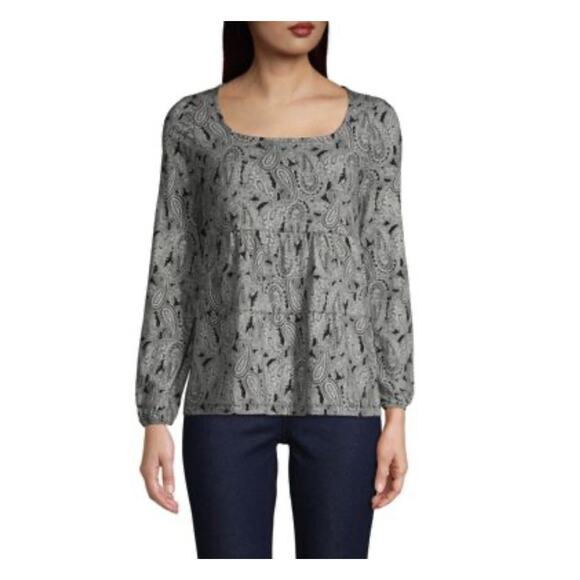 Lands End Square Neck Tee Top M 10/12 Black White Long Sleeve Pullover Stretch - Picture 10 of 10